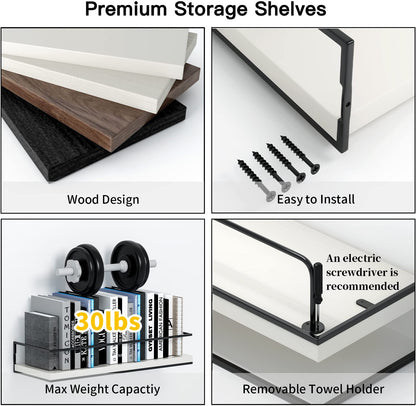 Shario White Floating Shelves - Set of 2, Wall Mounted Hanging Shelves with Black Towel Rack, Decorative Storage Shelves for Bathroom, Kitchen, Living Room & Bedroom (Modern White, 15.7 Inches)