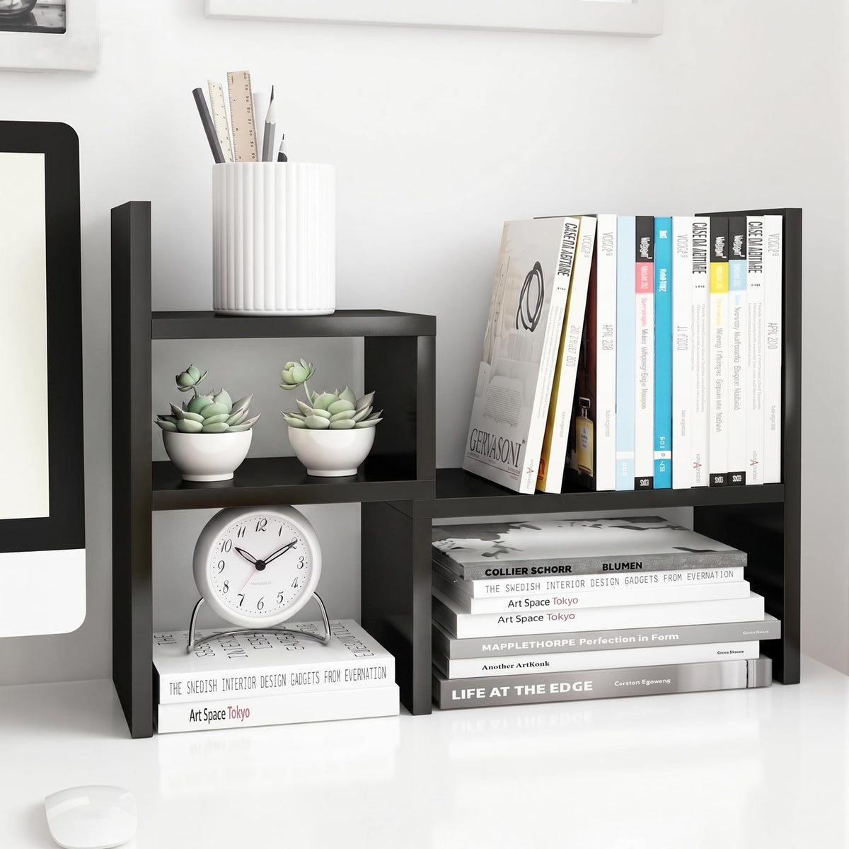 Jerry & Maggie Desktop Organizer Office Storage Rack Adjustable Wood Display Shelf, Birthday Gifts Toy Home Decor Free Style Rotation Display True Natural Stand Shelf (Black)