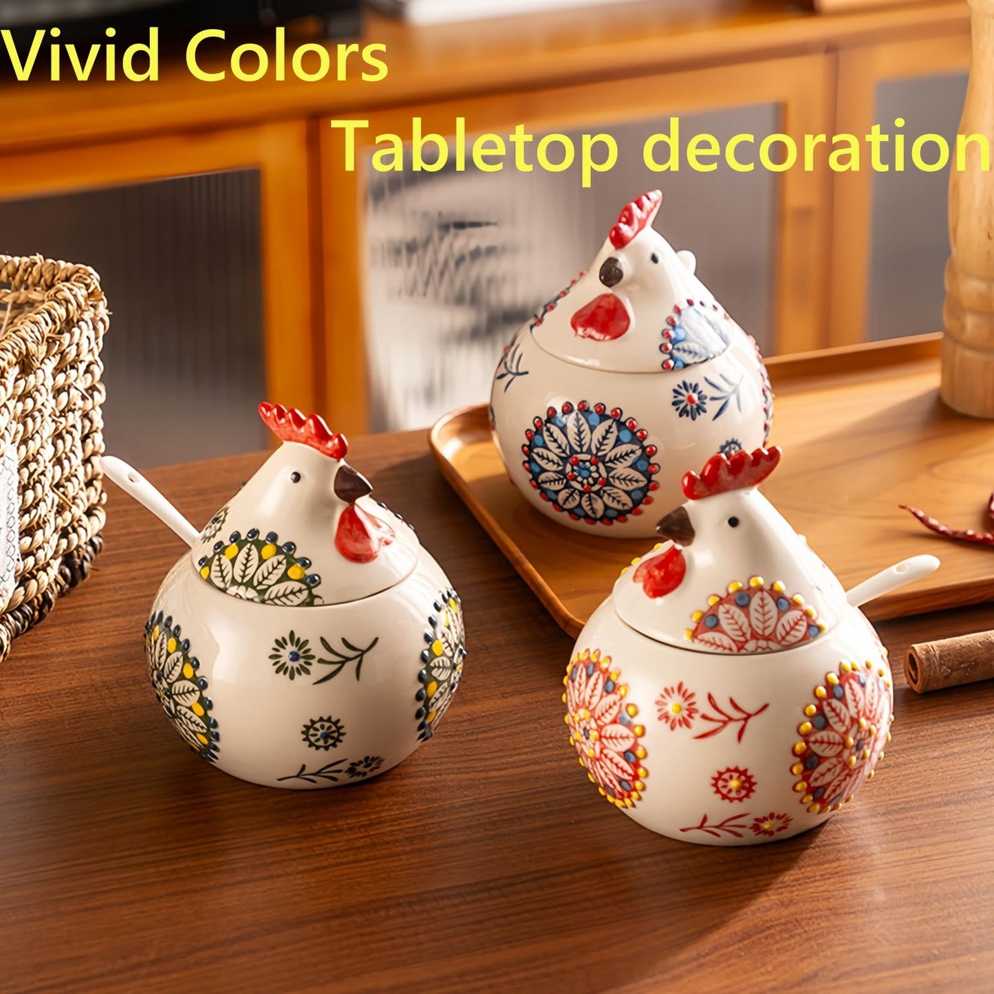 Frezonika Ceramic Salt Cellar with Lid and Spoon, 13 OZ Large Chicken Salt Jar, Salt Holder for Counter, Coffee, Sugar, Spices and Candies, Salt Containers for Countertop (Blue)