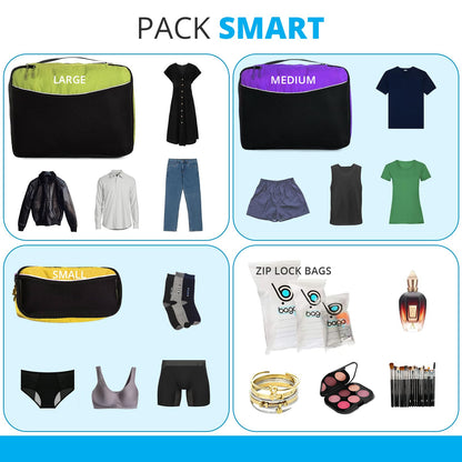 bago 8 Pcs Packing Cubes For Travel - 5 Packing Cube with 3 ZipLock Bags - Travel Cubes to Get Maximum Storage, Save Time & Effort to Pack - Happy Traveling (GreenRedPurpleYellow)
