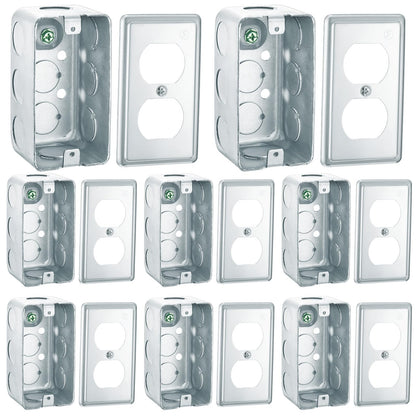 Copkim 8 Set 4 x 2 Inch Electrical Junction Box with Cover Square Plenum Box Galvanized Steel Metal Outlet Boxes, Ten 1/2'' Knockouts, 1-7/8" Deep, 13 Cu. in. Capacity (Duplex Receptacle Cover)