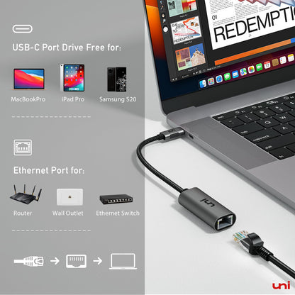 uni USB C to Ethernet Adapter, Driver Free 1Gbps Wired Network Adapter, Gigabit Thunderbolt LAN Adaptor in Aluminum, Compatible for iPhone 15 16, MacBook Pro, MacBook Air, iPad Pro/Air, Dell XPS