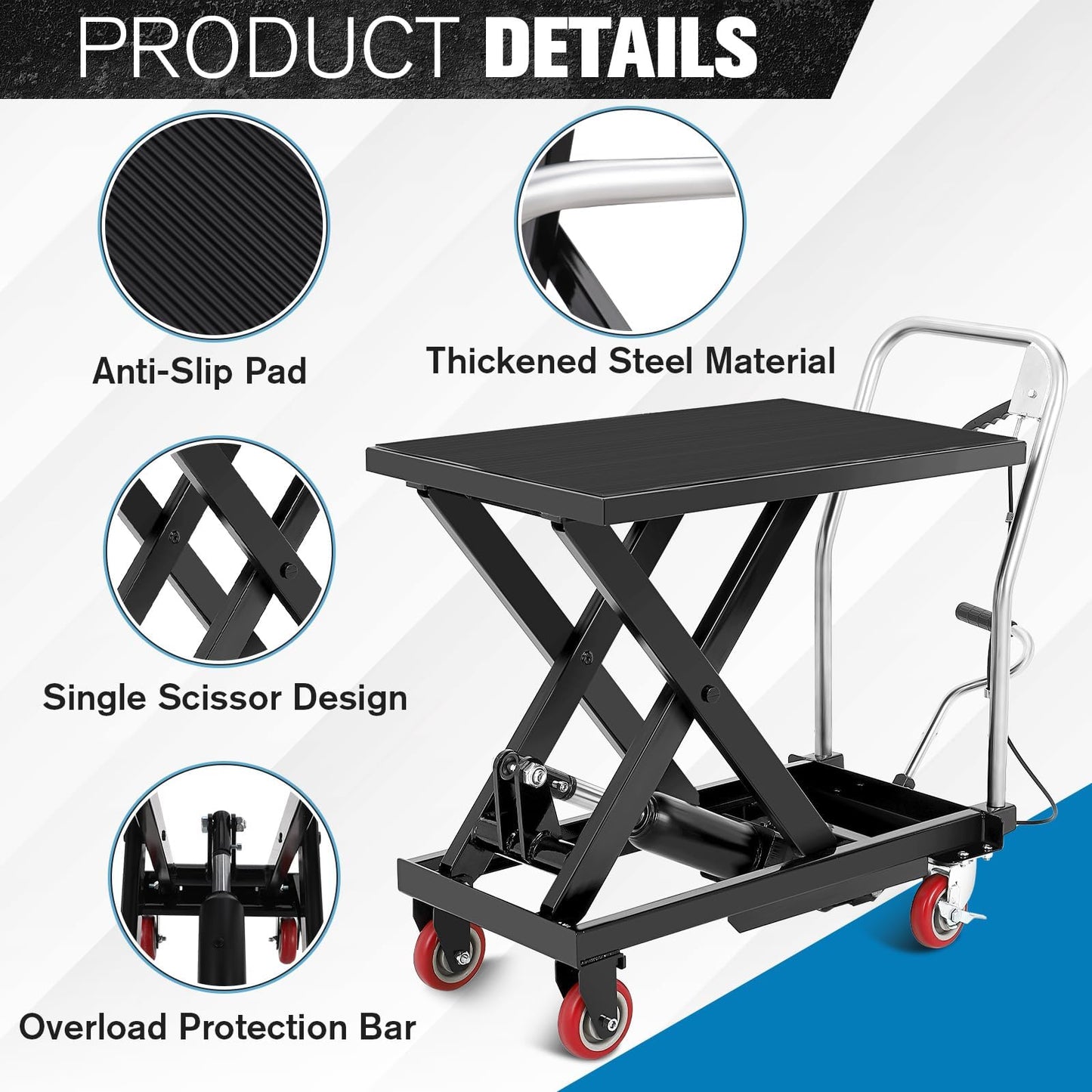 Hydraulic Lift Table Cart, 330lbs Capacity 28.5 in Lifting Height Hydraulic Table Cart, Single Scissor Lift with Non-Slip Pad for Material Handling and Transportation, Black