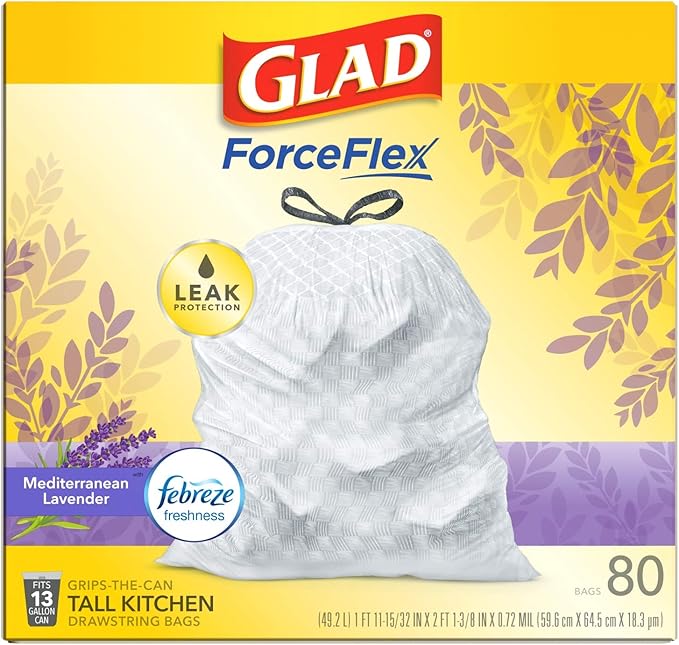 Glad ForceFlex Tall Kitchen Trash Bags, 13 Gallon, Gain Lavender