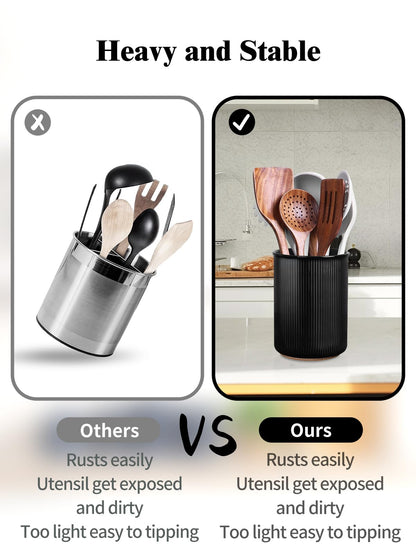 LoeJan Utensil Holder, Extra Large Utensil Crock, Stable Ceramic Utensil Organizer, Cooking Tool Organizer Set for Kitchen Counter Farmhouse Decor (F-6.7" Black)