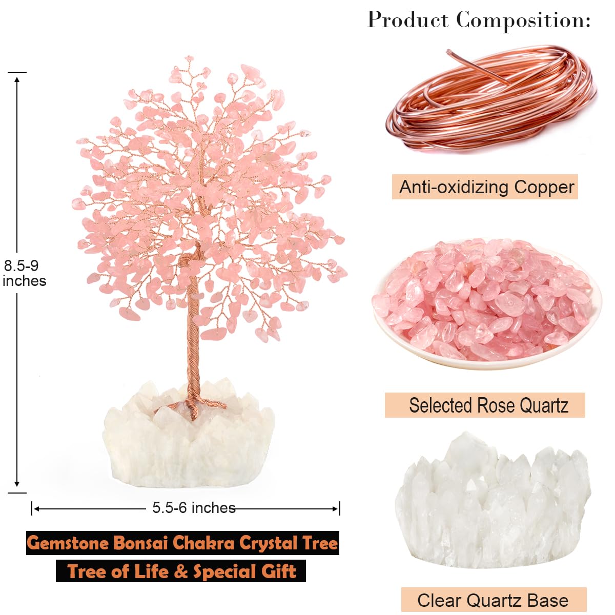 MASGEMES Gemstone Crystal Tree of Life,Natural Rose Quartz (406 Stones) with Clear Quartz Base,Chakra Balancing Positive Energy Feng Shui Home Decor Bonsai Money Tree,Birthday Gift 8.5"-9"