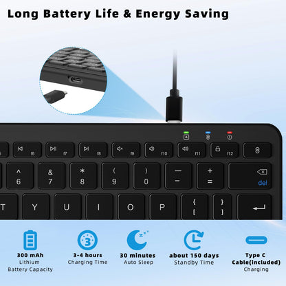 Qulose Bluetooth Wireless Keyboard, Mini Keyboard Rechargeable USB-C with Media Hotkeys, Ultra Slim Ergonomic, Compatible with Apple macOS/iOS/Windows/Android, UK Layout Compact-Black