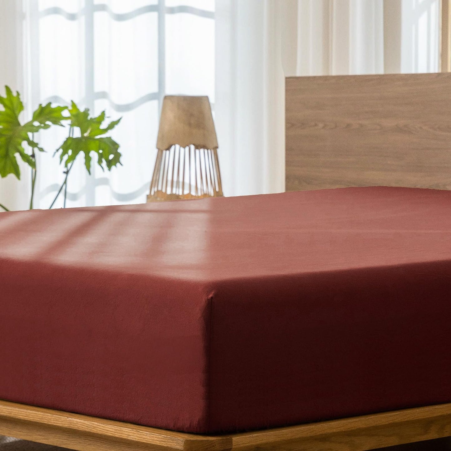 MooMee Fitted Bottom Sheet Only 100% Washed Cotton Linen Like Textured Breathable Durable Soft Comfy Deep Pocket Fits Mattress up to 17" (Solid Fired Brick Red, Queen)