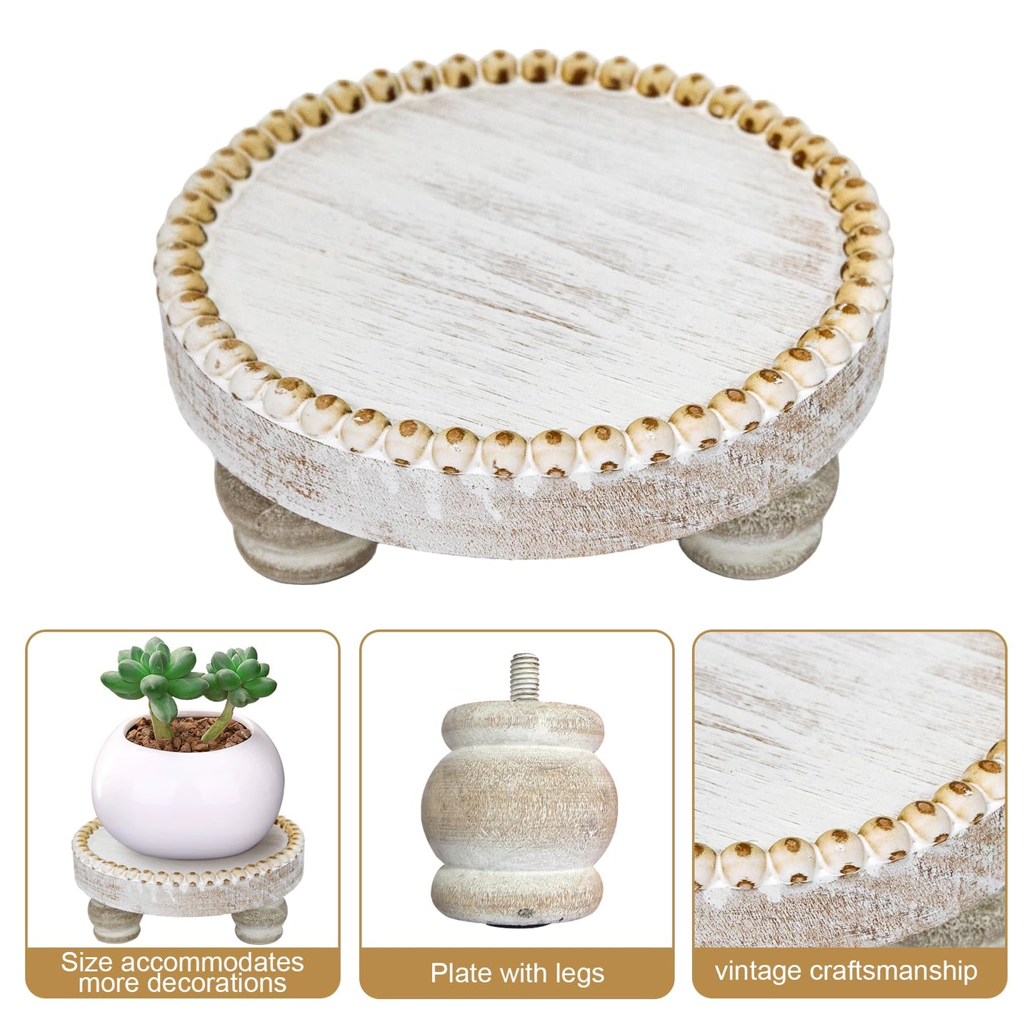 Small Wood Risers for Decor, Round Wooden Display Risers Candle Plates and Trays, Farmhouse Candle Trays Home Decor, Pedestal Stand for Mini Cake, Mug Display Decorative, Table Centerpiece, White