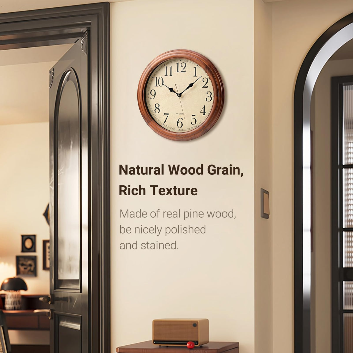 Auafanzy 16 Inches Wooden Wall Clock with Retro Design, Large Round Wood Wall Clock with Big Arabic Numerals, Battery Operated Silent Non-Ticking Brown Clock for Living Room, Kitchen, Bedroom.