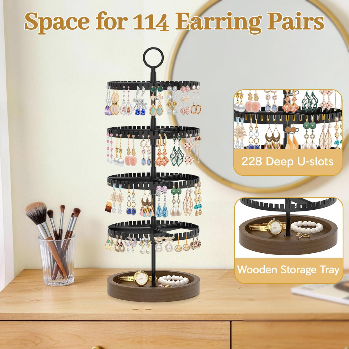 MODOWEY 4 Tier Rotating Earring Holder Organizer Display Tree with Wooden Tray, Adjustable Plastic Stand with 228 Slots for Stud Hoop Hanger, Large Capacity Storage Rack for Women Space Saving, Black