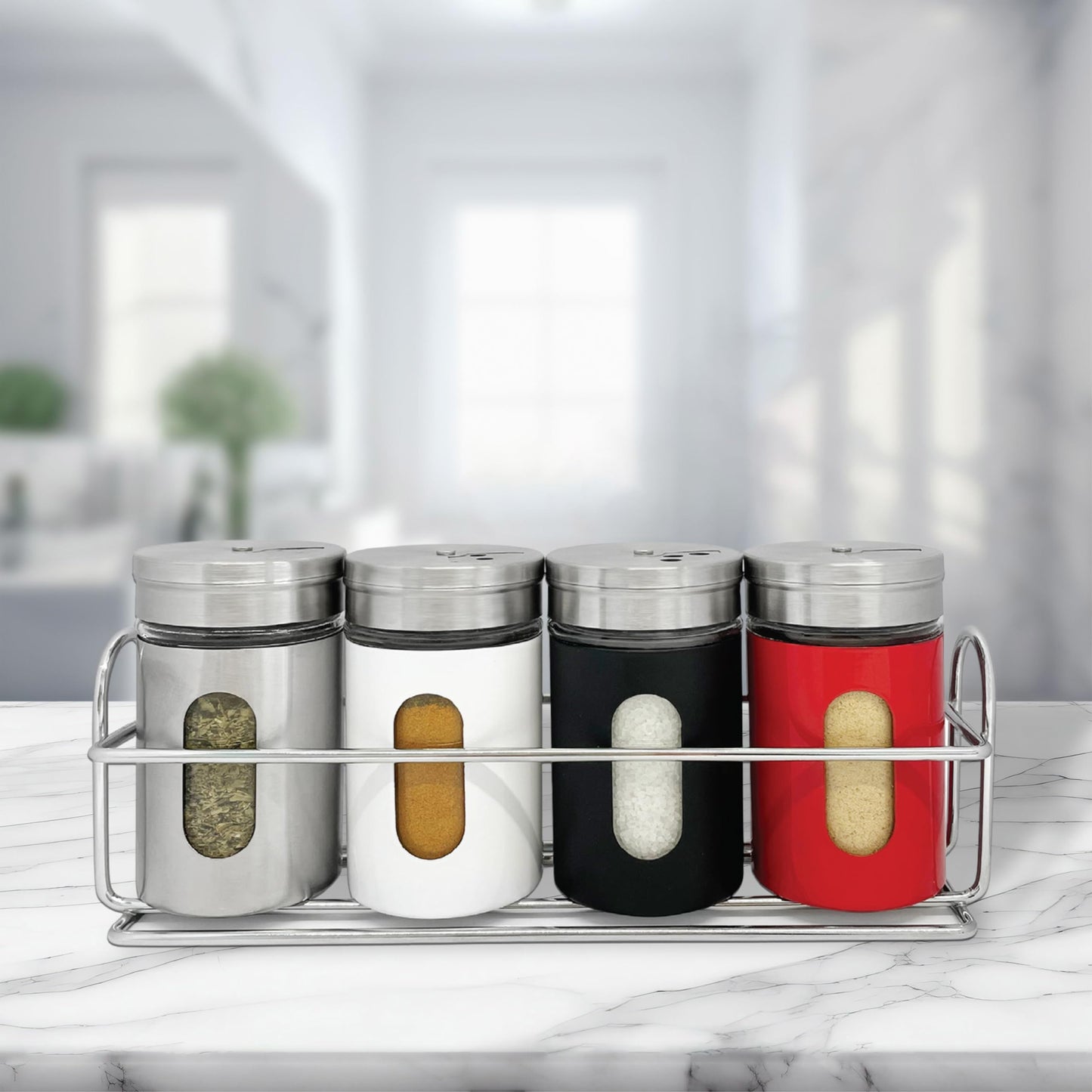 JS Gourmet 4 Pcs Stainless Steel Spice Seasoning Container Jars with Storage Rack, Perfect for Storing Spices, Salt, Pepper, Sugar and Dry Ingredients