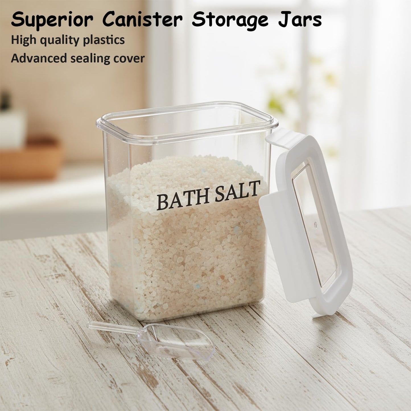 Qinpufu 61 oz Bath Salt Jar, Plastic Bath Salt Container with Scoop, Airtight Storage with Locking Lids, Stackable Clear Canister for Epsom Salt, Bathtub Accessories
