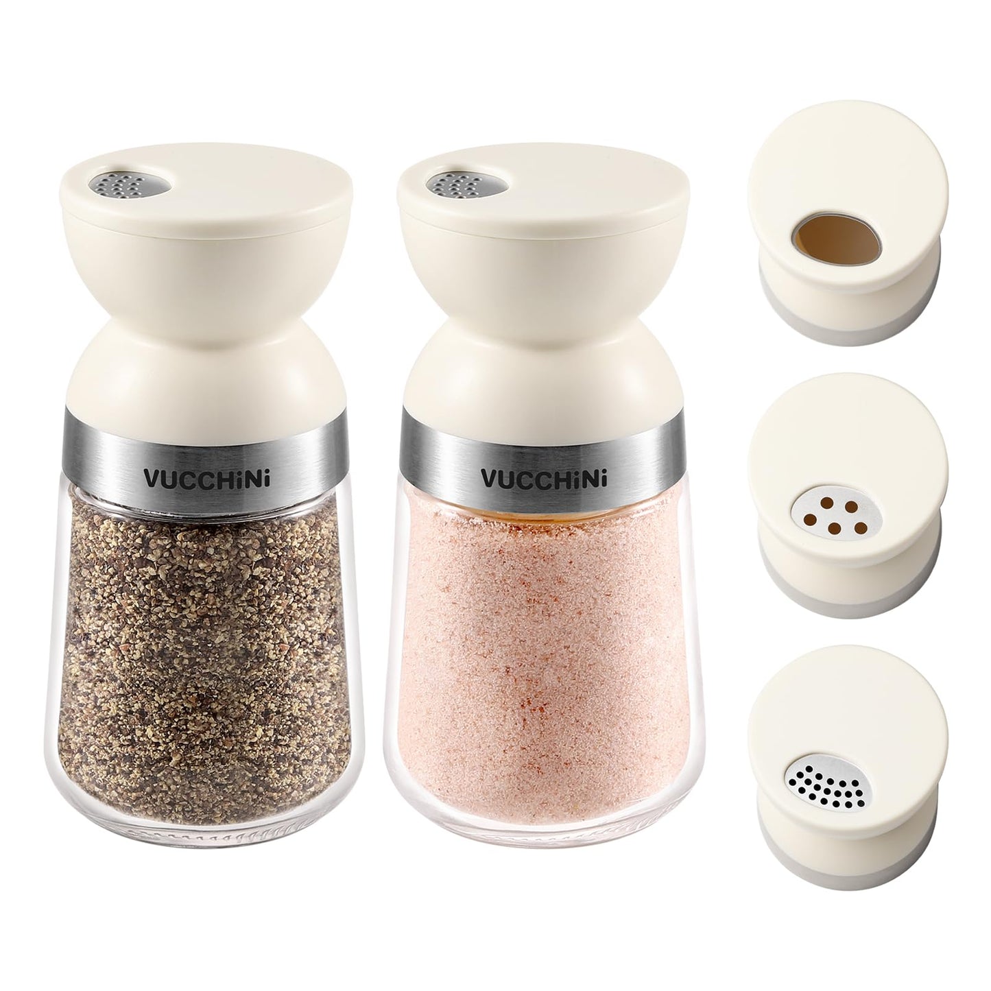 Vucchini Salt and Pepper Shaker Set 3 Adjustable Pour Holes, Dishwasher Safe, 5oz Large Capacity Spice Shaker for Kitchen & Camping (Cream)