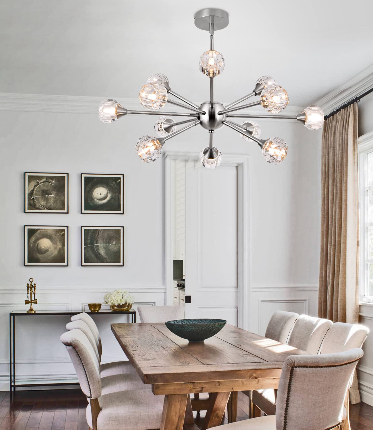 MKONOL Modern Sputnik Crystal Chandelier, 12-Light Brushed Nickel Firework Chandelier, Mid Century Dandelion Pendant Light Fixture for Dining Room, Living Room, Bedroom, G9 Base (Bulbs Not Included)