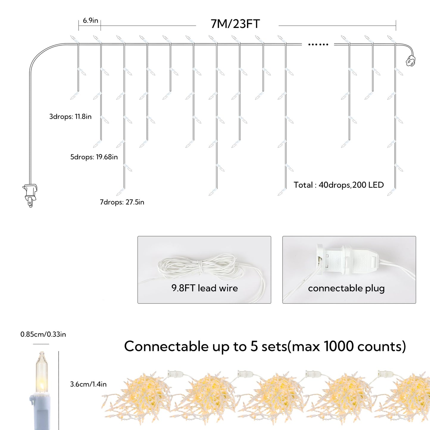 BEEWIN 200 Christmas Icicle Lights, Warm White Clear Bulbs with 23FT Long White Wire, Professional Grade String Lights for Indoor & Outdoor,Xmas,Party, Patio, Courtyard, Window, Fence, Trees Decor