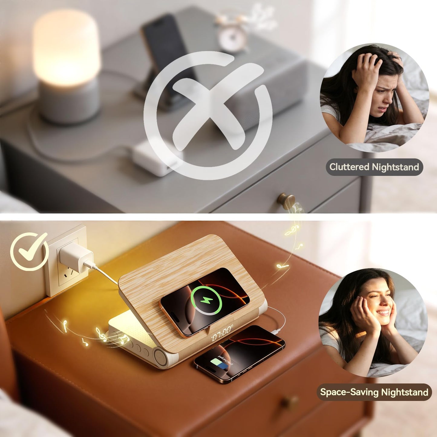 Vivilumens Alarm Clocks Wireless Charger Bluetooth Speaker Loud Sunrise Bedside Lamp for Heavy Sleepers Adults with Book Shape Wake Up Light for Bedroom Home Decor （Wooden Grain）