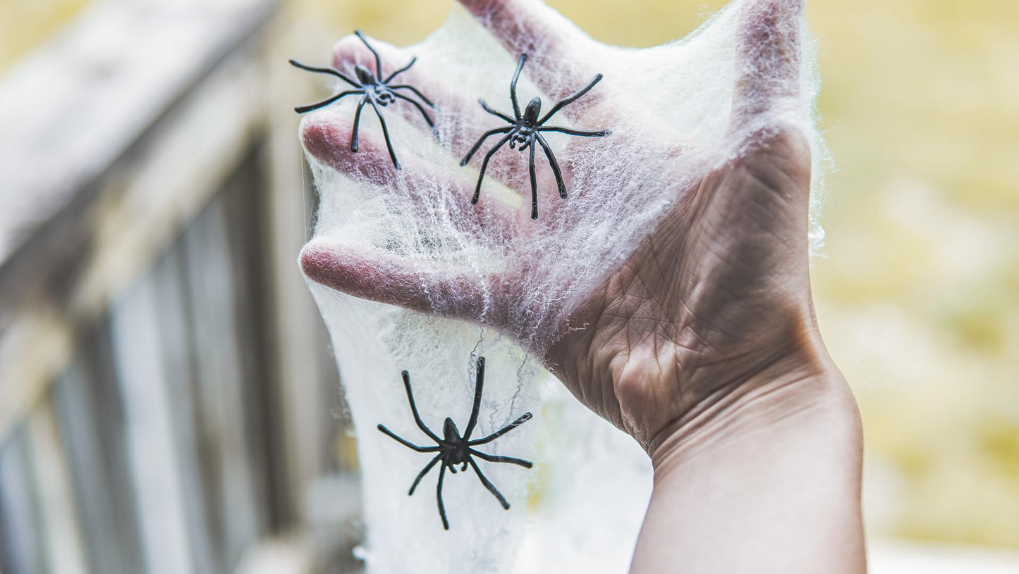 Happy Hippo Halloween Spider Web Decoration, 200 Sqare Feet & Plastic Spiders, Halloween Party Supplies, Spider Webs (Small, 200 Sq Feet) (8 Fake Spiders Included)