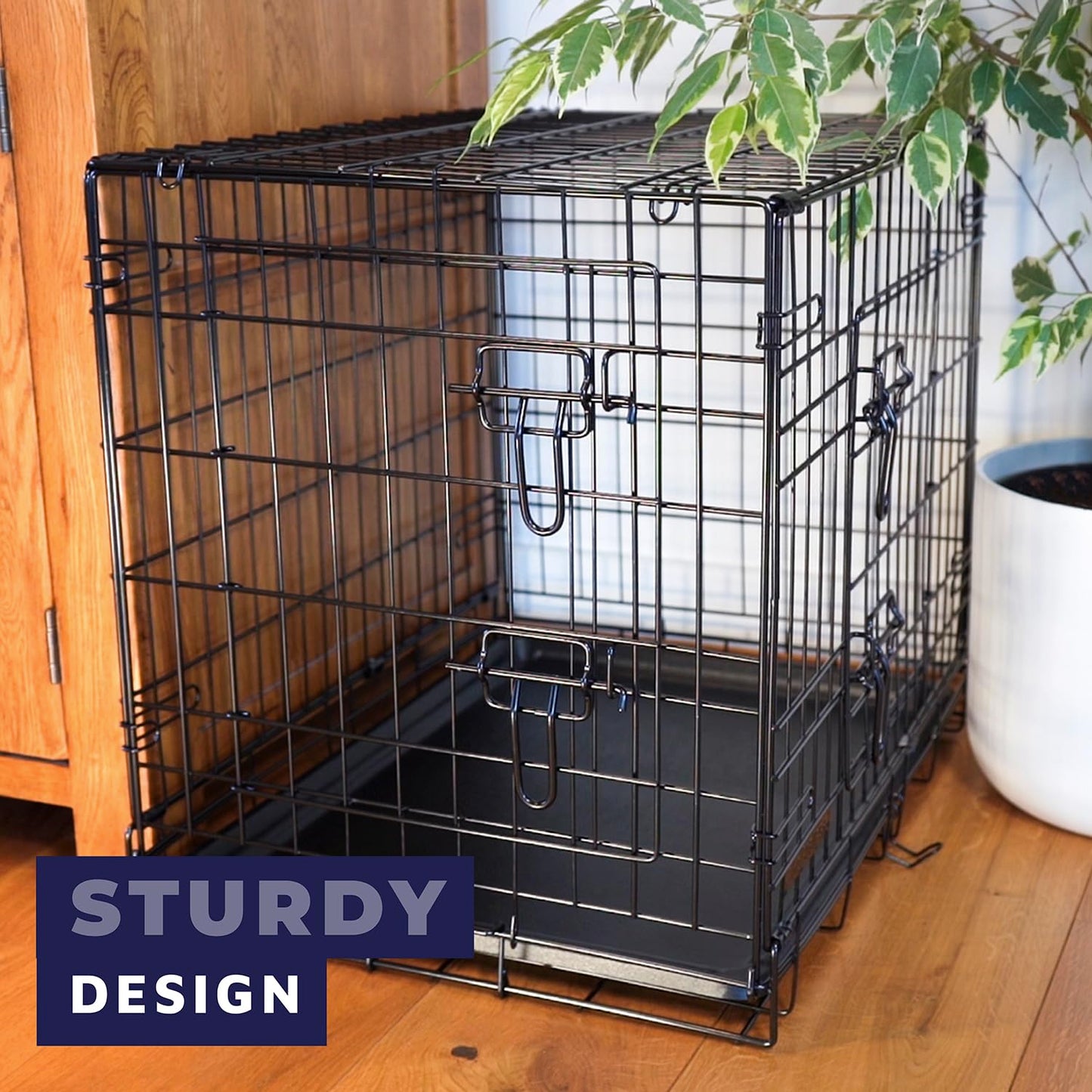 DogCrates+ Large Foldable Dog Crate with 2 Doors, Non-Chew Metal, Removable Tray, 36-Inch Black