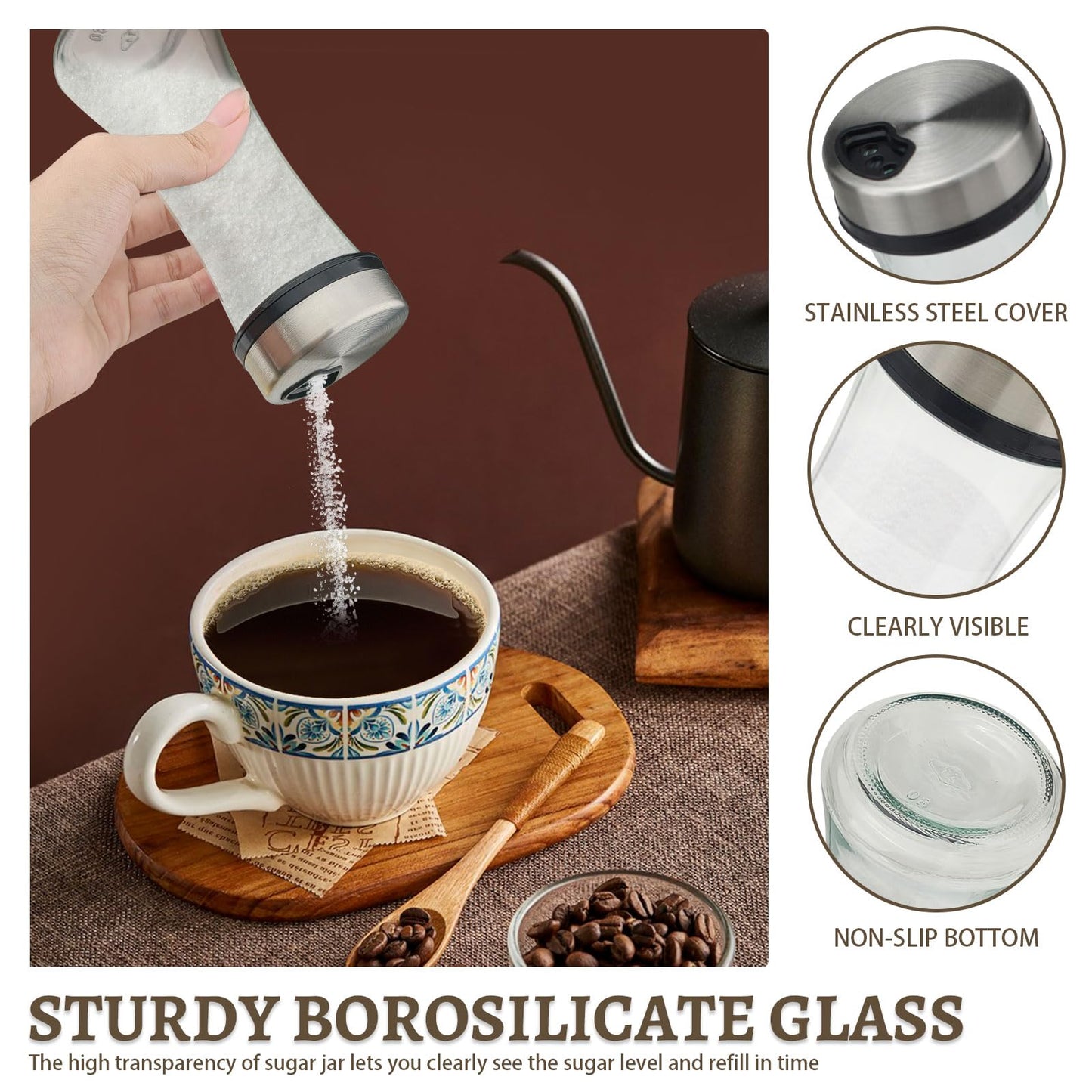 Realand 2 Pack Sugar Dispenser with 3 Adjustable Pour Spout, 6.8oz Glass Sugar Shaker Pourer Jar for Coffee Bar & Station, Airtight Salt and Pepper Shakers Spice Container