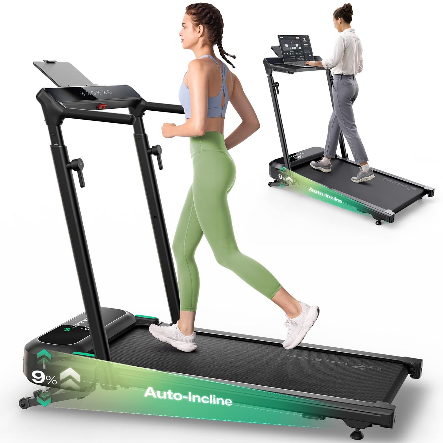 UREVO Foldimix 5L Treadmill with Multifunctional Desk, 9% Auto Incline Walking Pad for Home Office, Quiet 3.0HP Dual, 14-Point Shock Absorption, Folding Running Machine for Laptop/Work