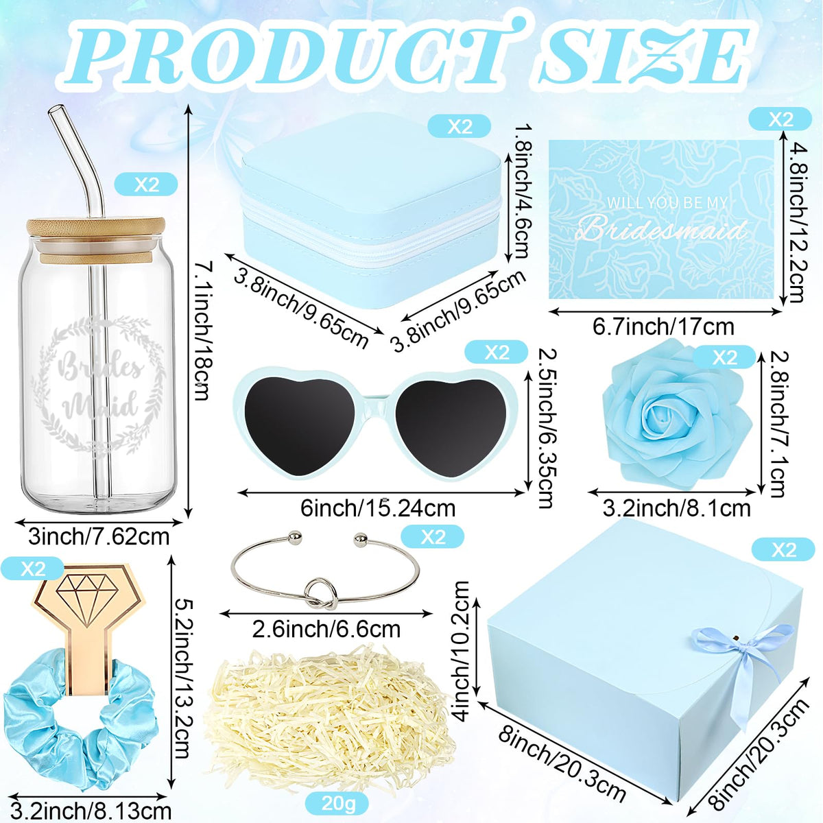 HOMENERGY Bridesmaid Proposal Gifts Set 2 - "Will You Be My Bridesmaid Kit with Elegant Box Jewelry Box Glass Cup Invited Cards Knotted Bracelets Sunglasses Scrunchies Raffia Grass (Blue, 18Pcs)