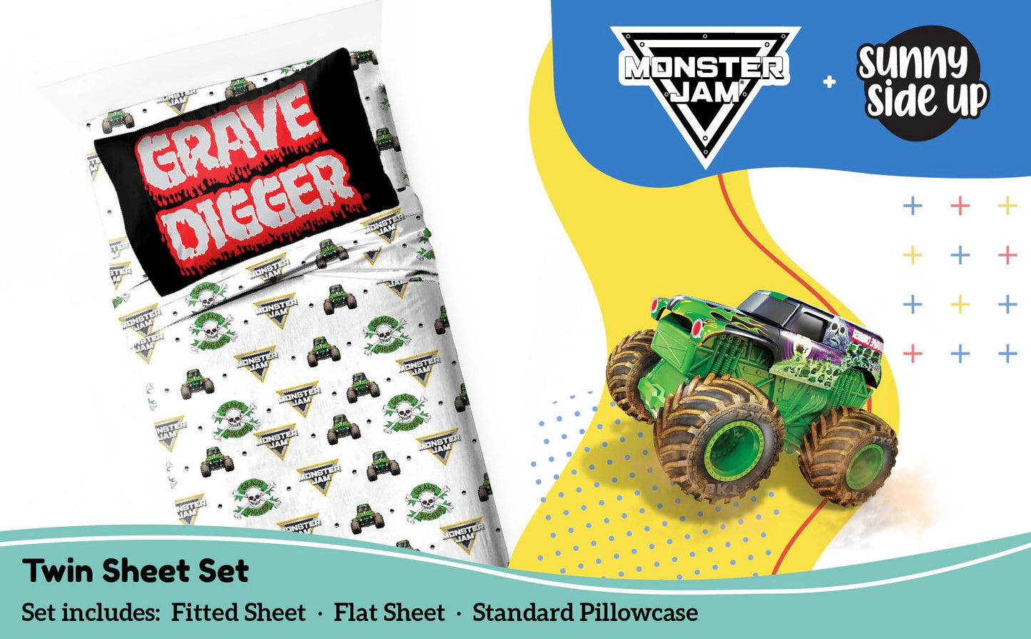 Sunny Side Up Monster Jam Grave Digger Twin Sheet Set - 3 Piece Kids Bedding Set Includes Pillow Cover - Super Soft Microfiber Sheets