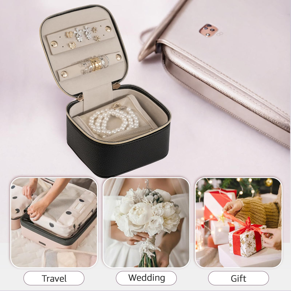 Gifturbo Travel Small Jewelry Case, Jewelry box,PU Leather 4 Zipper Bags for Women Girl,Valentine's Day Gift, Marriage, Brithday Gift,Earrings Necklace Rings Storage Gift Box Black