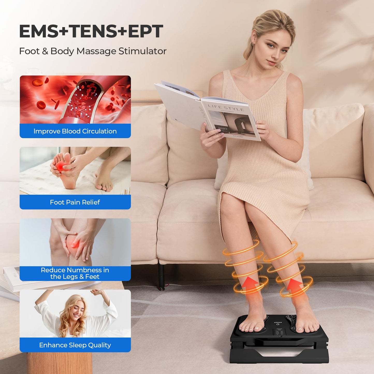 KNQZE Foot Massager for Neuropathy, Rechargeable TENS EMS Foot Nerve Circulation Stimulator with 10 Modes 50 Intensities, 4 Body Pads, Relieve Cramps, Plantar Fasciitis, Gifts for Mom Dad