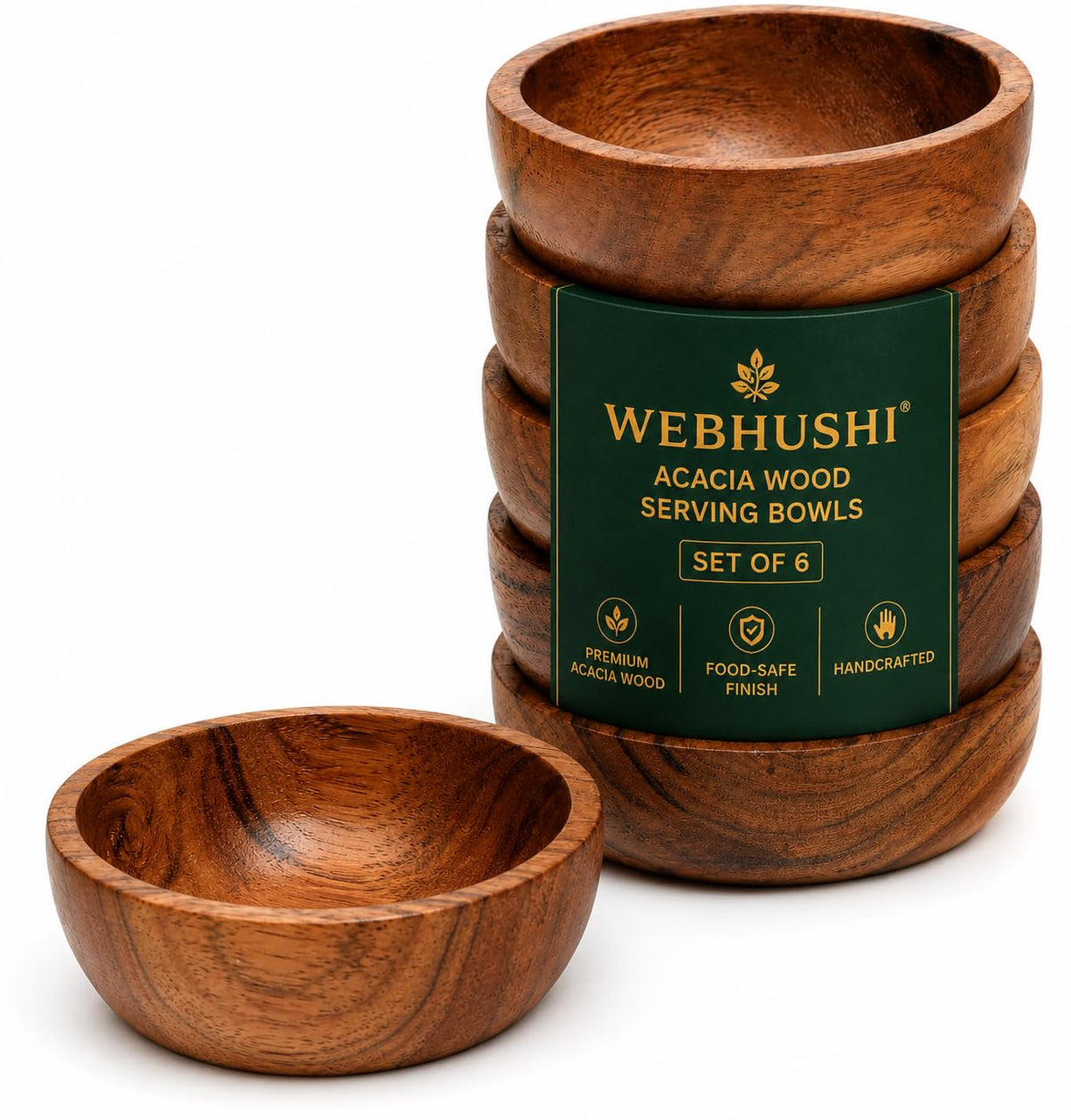 WEBHUSHI Acacia Wood Bowls: Handcrafted, Rustic, 6 Bowls of 3.75-inch, 0.25 liters Capacity Each