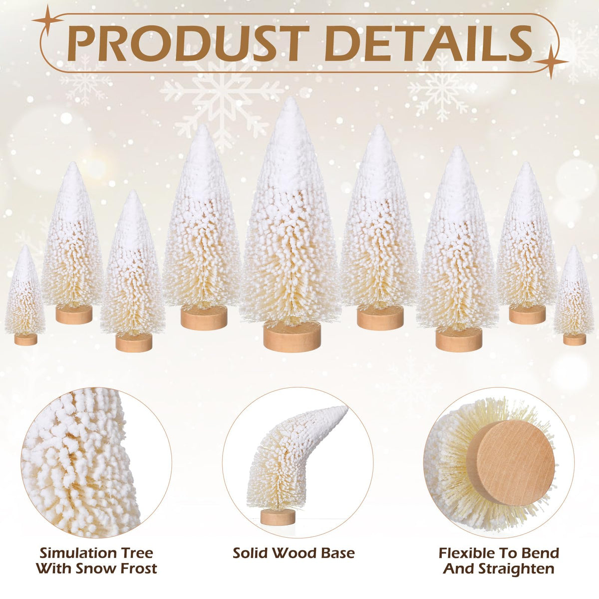 Leyndo 9 Pcs White Snow Flocked Artificial Mini Christmas Tree Sisal Bottle Brush Trees with Wood Base Christmas Pine Trees for Autumn Winter Holiday Kitchen Home Party Decor