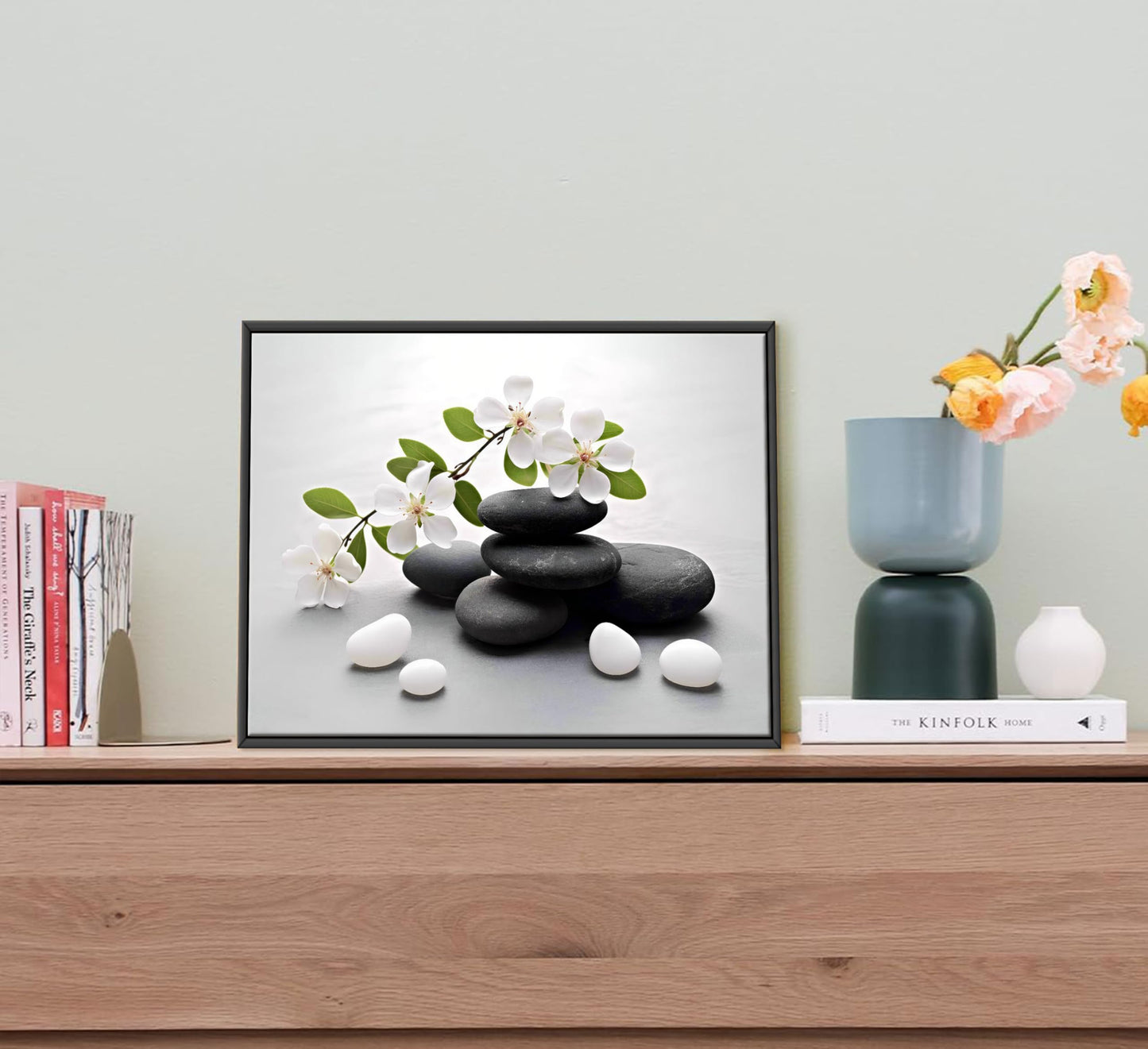 Framed Zen Stone Flower Canvas Wall Art Orchid Flower Black White Zen Stone Picture Wall Decor Still Life Poster Print Artwork for Bathroom Yoga Room Spa Room Meditation Room Office Home Decoration