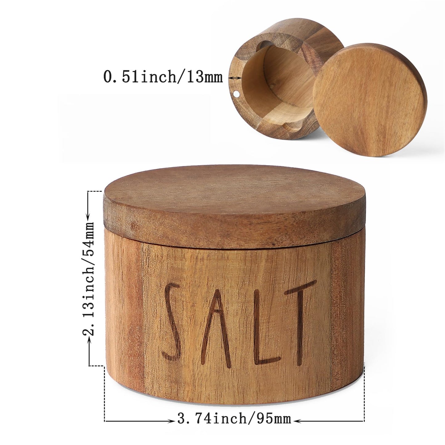Acacia Wood Spice Box with Swivel Lid and Built-in Spoon for Kitchen Countertop, Farmhouse Kitchen Decoror for Storing Salt, Peppers, Sugar or Seasonings (Labeled “SALT”)