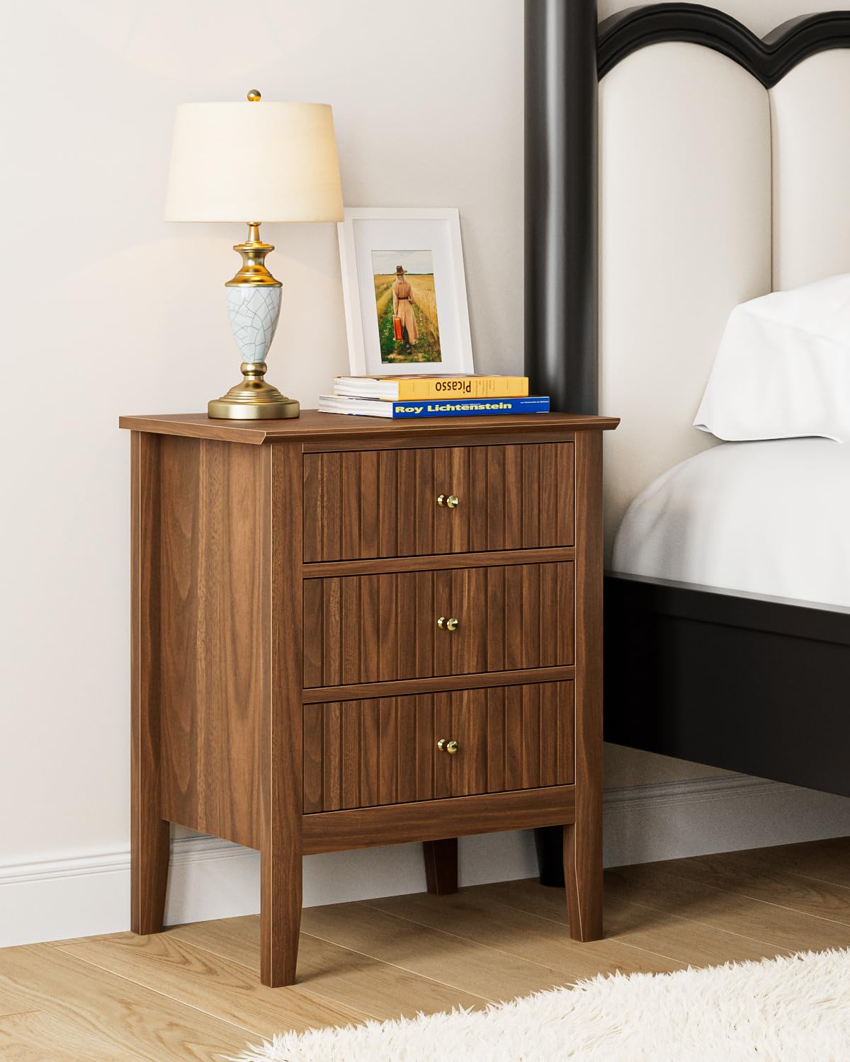 Apetaccat Nightstand Vintage, Fluted Night Stand Tall Farmhouse Beside Table with 3 Drawers, Mid Century Modern Side Accent Table,Bedside End Table for Bedroom, Walnut