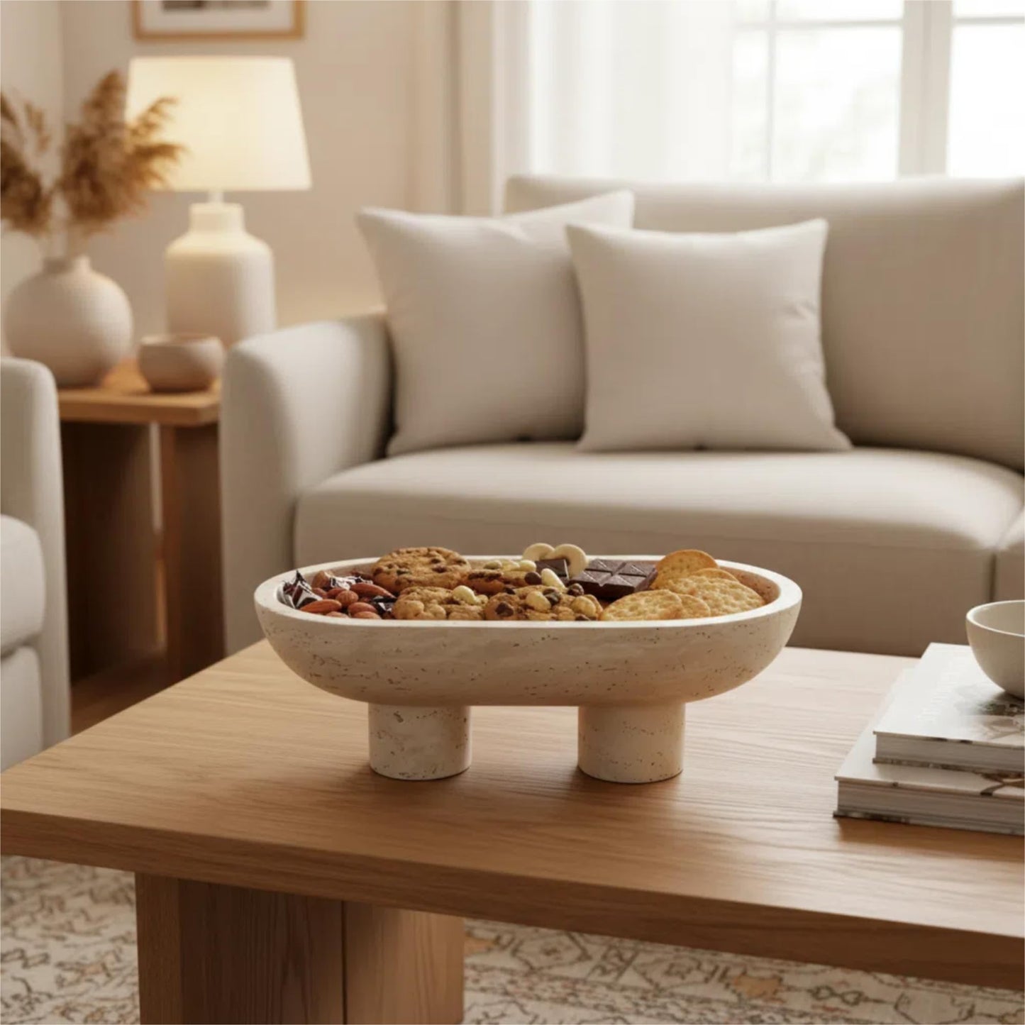 GEOONA Natural Travertine Fruit Bowl, Multi-Functional Oval Stone Tray with Two Elevated Legs, Decorative Organizer for Fruit, Jewelry, Keys in Kitchen, Living Room, Entryway