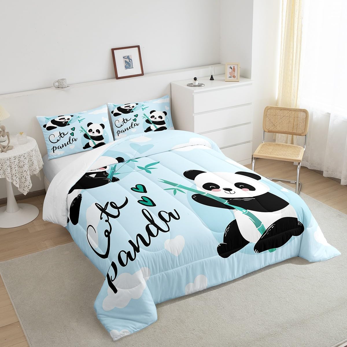 Feelyou Cute Panda Bedding Set Cartoon Panda Comforter Set for Kids Boys Girls Animal Theme Comforter Kawaii Animal Quilt Set Blue 1 Comforter Set with 2 Pillowcases Full Size