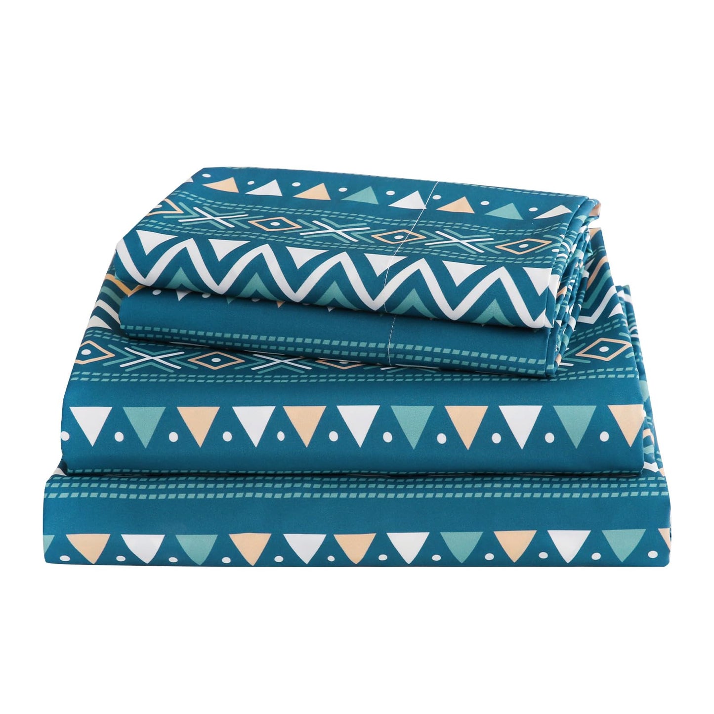 CozySmile Boho Sheet 4 Pieces King Sheet Set Bohemian,King Size Breathable Soft Microfiber Deep Pocket Bedding, Western Sheets Geometric(King, Teal Geometric)