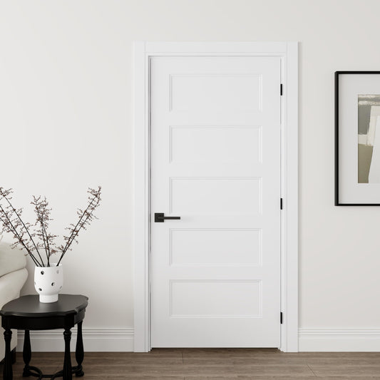 JUBEST 36"x80" Left-Hand Prehung Interior Door with Knock Down Jamb Kit & Matte Black Hinges, 5-Panel White Primed Hollow Core Molded Door Slab with Bore & Hinge Cutout, Durable & Sturdy, No Handle