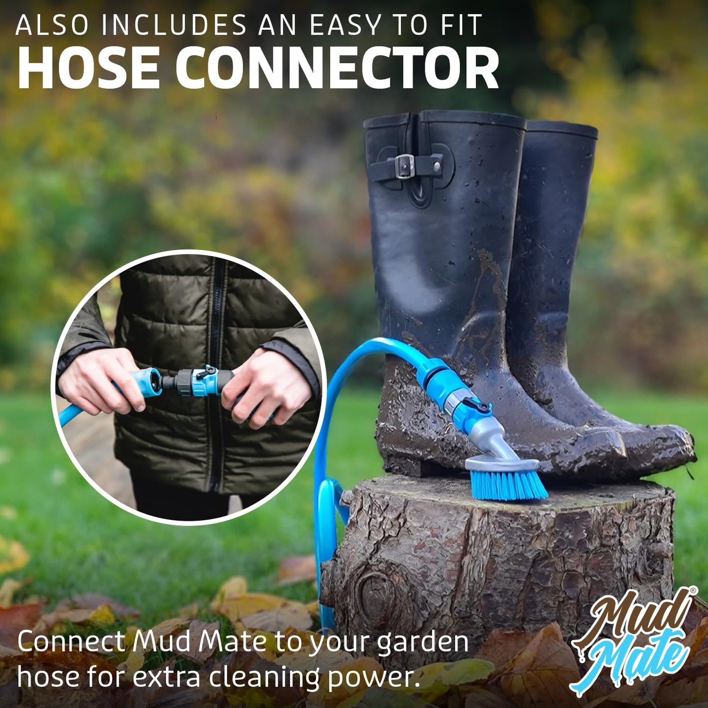 Mud Mate Boot and Shoe Cleaner Brush & Scraper - for Muddy Boots & Shoes - with Hose Connector & Portable Bottle - Clean Football Boots, Wellies, Walking Boots, Pushchair & Bike Wheels & Much More