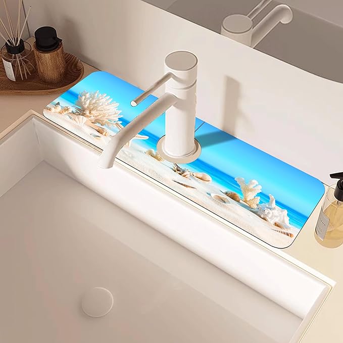 Tropical Beach Seashells Kitchen Sink Splash Guard Absorbent Fast Drying Mat