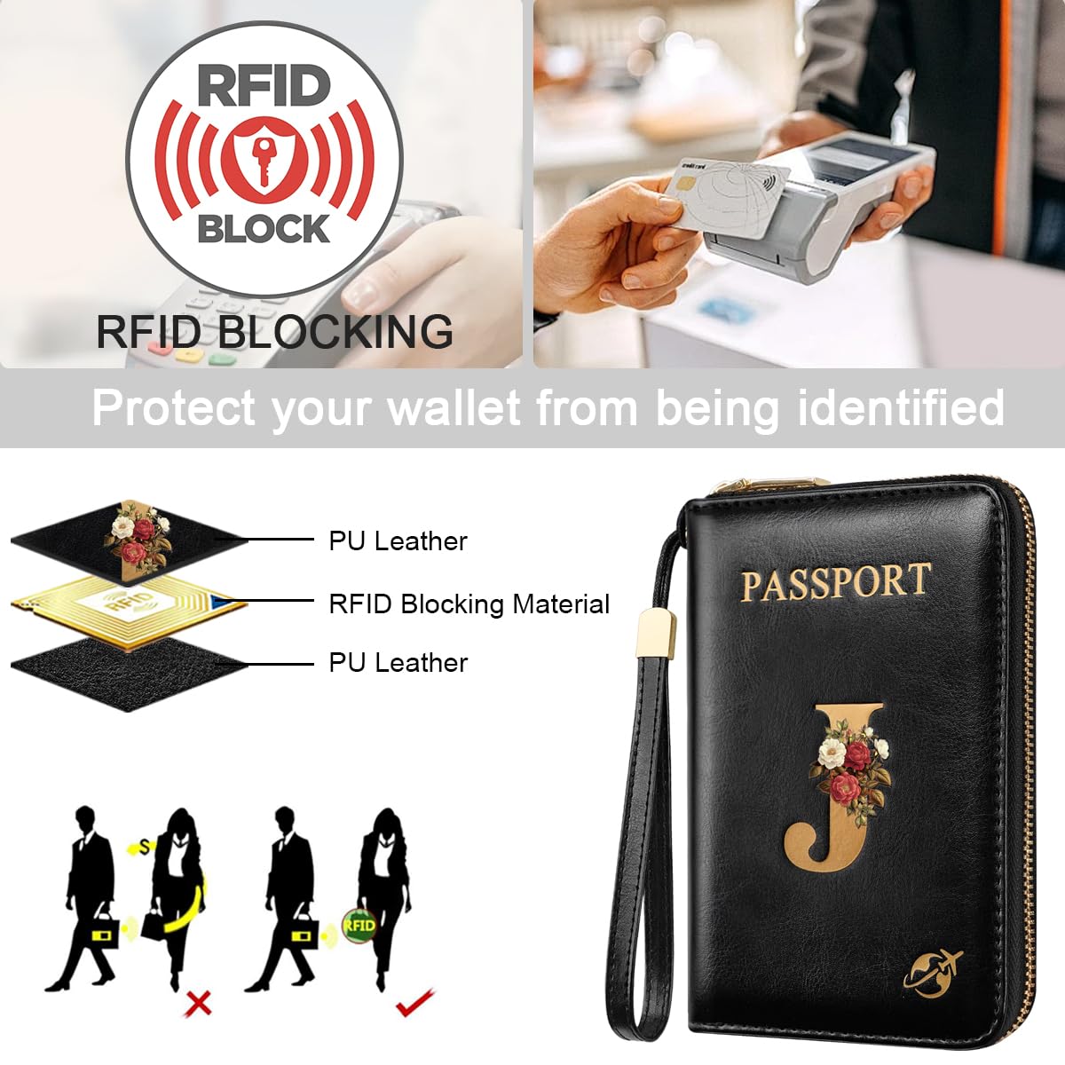 Passport Holder Cover Wallet with Zipper Personalized Initial Letter J Rose Flower RFID Blocking Travel Wallets Credit Cards Holder for Women, Gift for Wife and Girlfriend,J