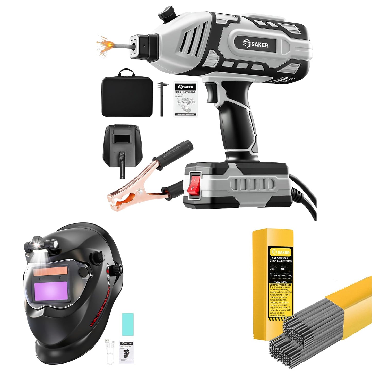 Saker Portable Welding Machine-Saker E6013 Welding Rod 3/32'' 5LB-Saker Auto Darkening Welding Helmet with LED Light