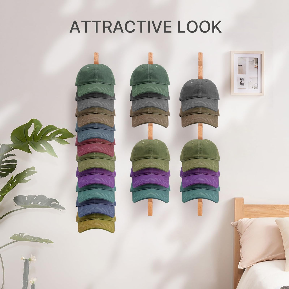Onzbala Solid Wood Hat Rack for Wall (2 Pack) - 20 Baseball Cap Organizer - Premium Beech Hat Holder & Vertical Display - Heavy Duty Hat Hangers for Closet, Door, Mens Room Decor (Natural)