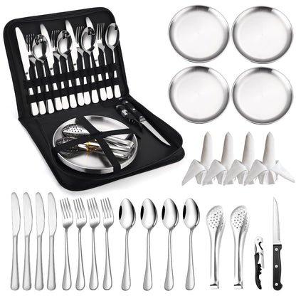 Camping Kitchen Utensils Set - 24 Piece Travel Silverware Cutlery Organizer with case Stainless Steel Reusable Cooking Utensils for 4 Person - Perfect for Hiking, Picnics, Backpacking & BBQ Mess Kit