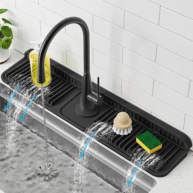 PoYang 24 inch Faucet Mat for Kitchen Sink Splash Guard, 7° Slope Silicone Sink