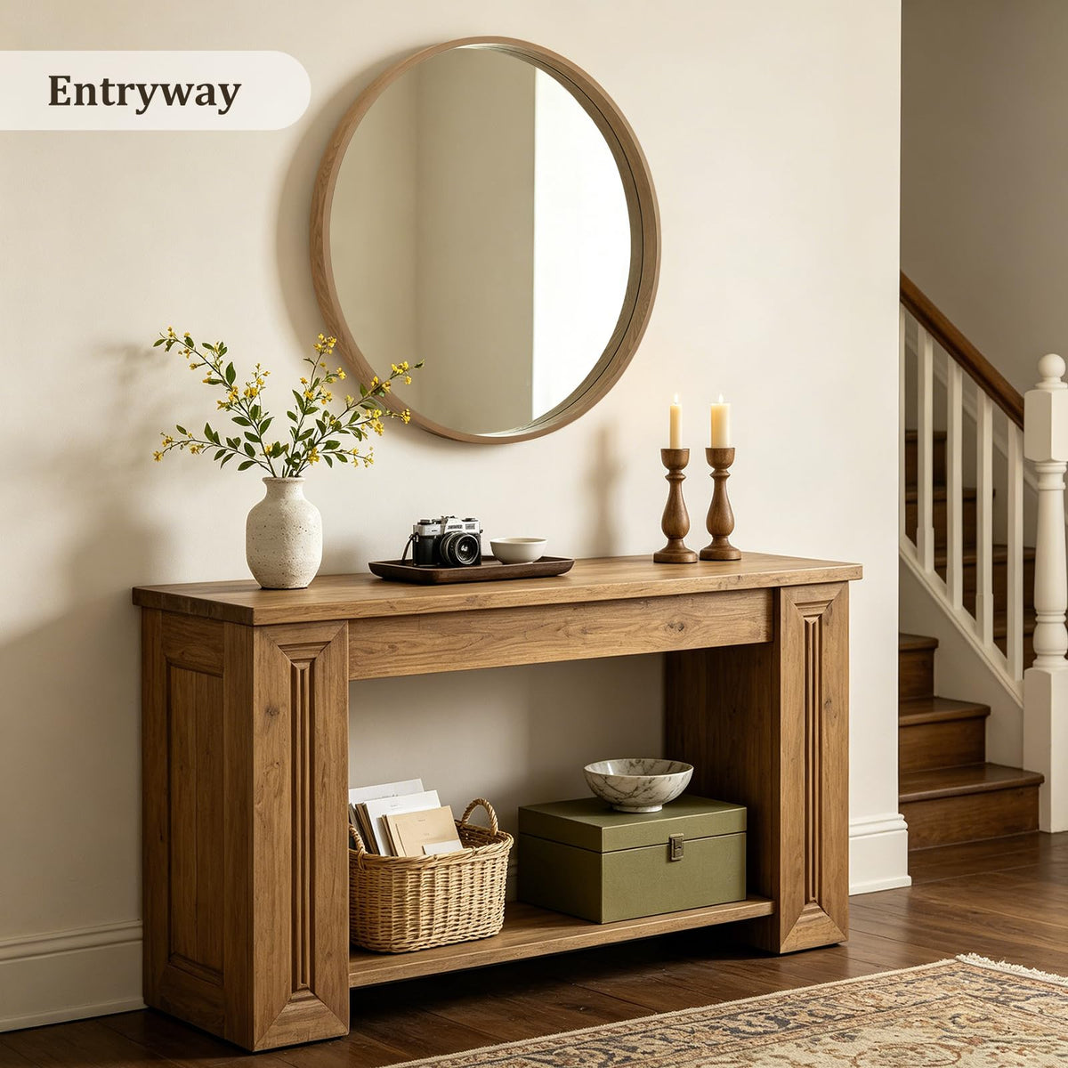 WallBeyond 36 Inch Natural Round Wood Mirror, Large Circle Wooden Frame Wall Mirror for Bathroom, Living Room, Bedroom, Entryway