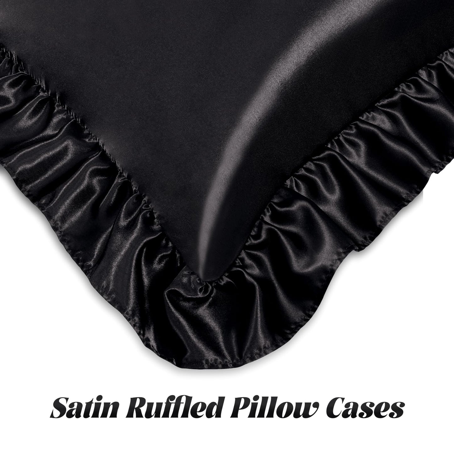 Homiest Ruffled Satin Sheets Full Size 6pc Set - Black Bed Sheet Set with 15 Inch Deep Pocket Fitted Sheet, 1 Flat Sheet, 2 Ruffled Pillow Shams & 2 Pillowcases, Similar to Silk Sheets