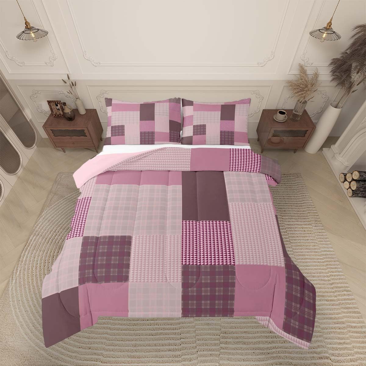 jejeloiu Plaid Bedding Set Soft for Boys Girls, Patchwork Comforter Set Queen Size Check Checkered Duvet Quilt Microfiber Grid Geometric Bedroom Decor 3 Pcs with 2 Pillow Cases