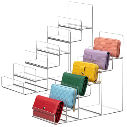 Kathfly 2 Pack 6-tier Acrylic Display Stand for Purses & Wallets, Clear Riser Organizer Shelf for Perfume, Sunglasses, Cosmetics, Multi-Tiered Countertop Vendor Display for Craft Fairs, Retail