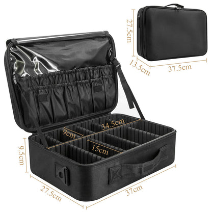 Makeup Bag Make up Case: Large Travel Cosmetic Case Organiser - Professional Portable Makeup Storage Bags for Toiletry - Make Up Artist Tool Brush Vanity Beauty Box with Adjustable Dividers | Black